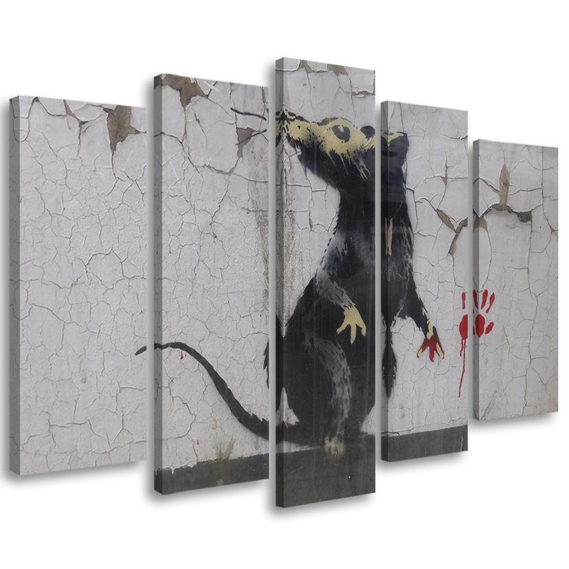 5 stykke lærredstryk Banksy Street Art Rat