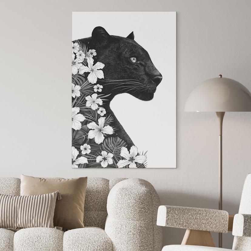 Murale Pantera nera con fiori bianchi - Korenkova - Alu- Dibond