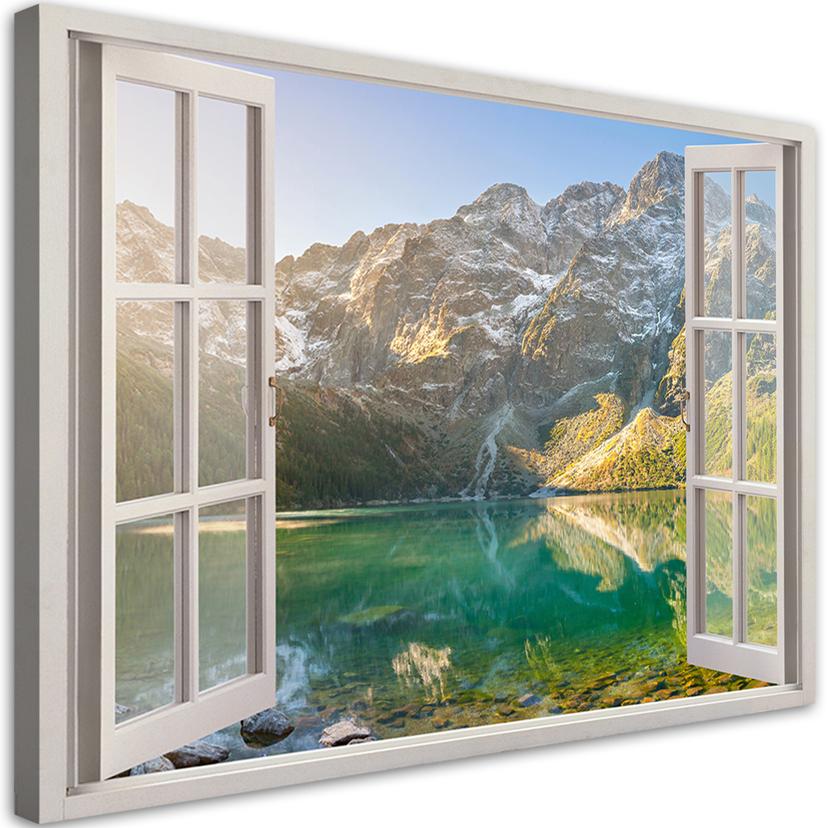 Canvasbillede, vinduesudsigt skov i tåge bjerge