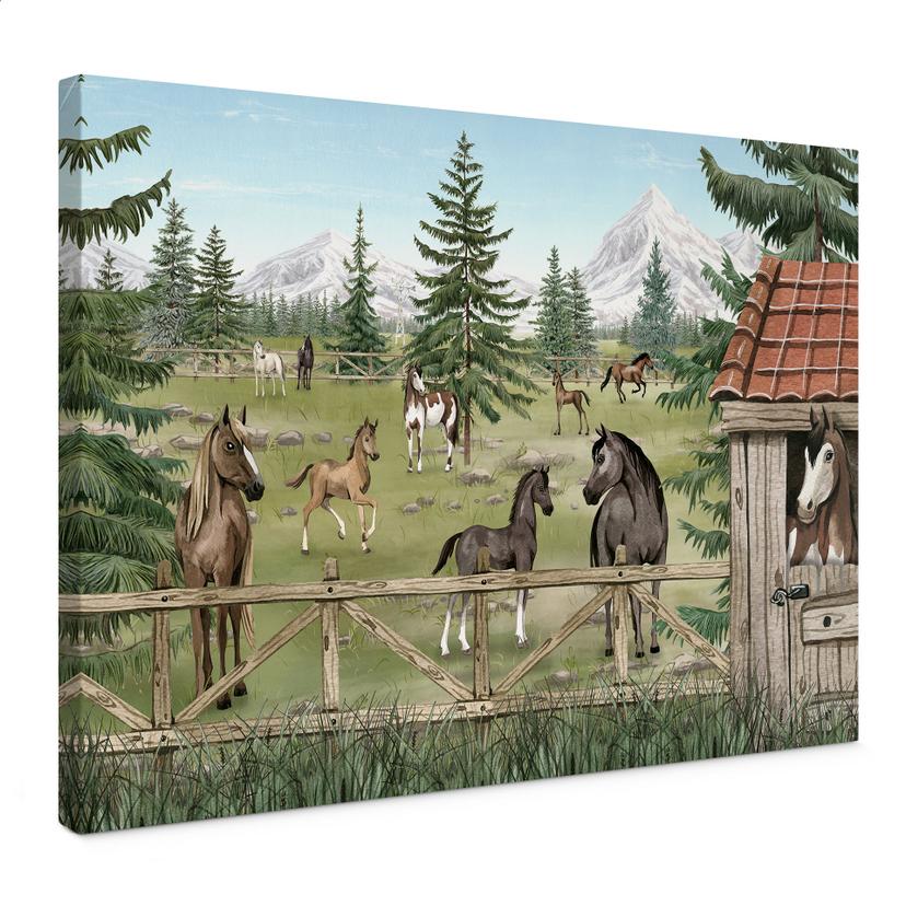 Canvas Schilderij Paardenwei in het Natuurpark - Oliver Robins