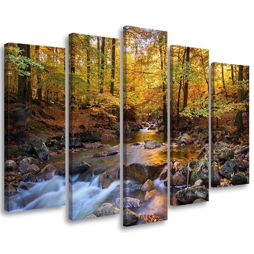 Tableau sur Toile en 5 parties Forêt Automne Ruisseau Nature