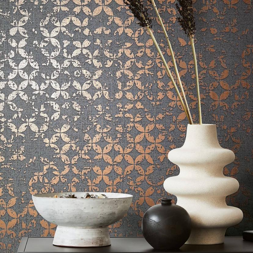 Non-woven tapet i stjerne ornamental stil antracit grafik