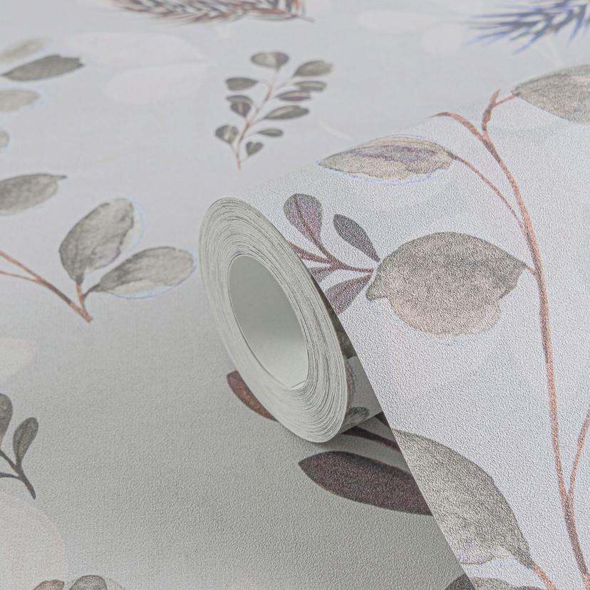 Papel pintado Floral gris rosa - Acuarela ramas y hojas - Papel pintado no tejido moderno