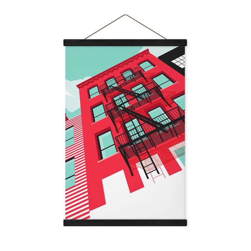 Póster de tela Fachada roja con escalera de incendios en New York - Heemskerk