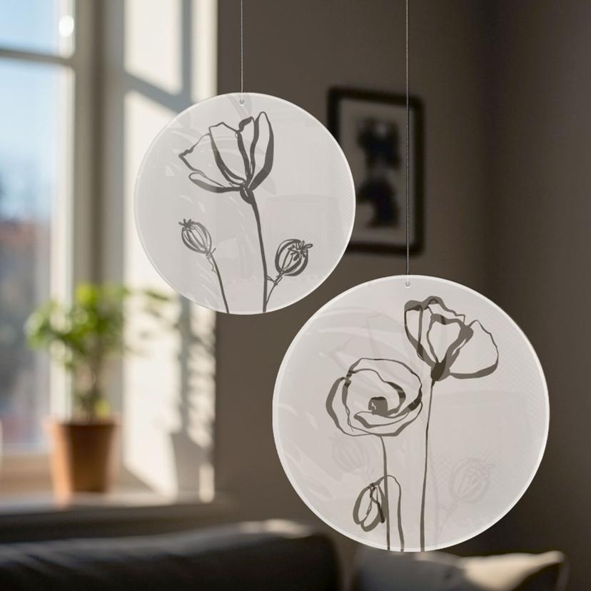 Akrylbillede, vinduesbillede til ophængning - Line Art Two Poppies - Cats & Dotz - Round