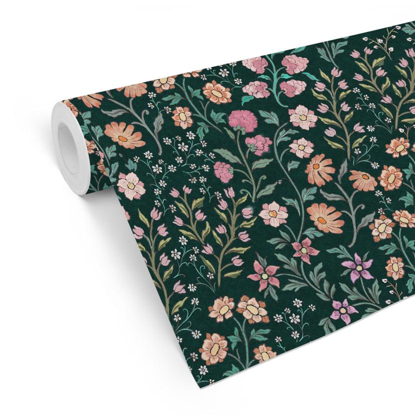 Tapet med mønster engblomster vintage - mørkegrøn - Bloomery Decor