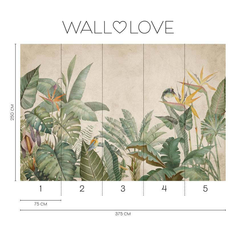 Foglie tropicali verde vintage beige 3,75 x 2,50 m - Carta da parati in tessuto non tessuto stile bo