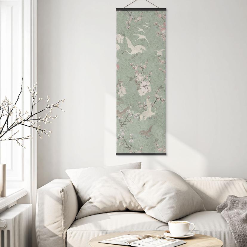 Stampe su tessuto con gru in fiore di ciliegio verde - Bloomery Decor - Panorama