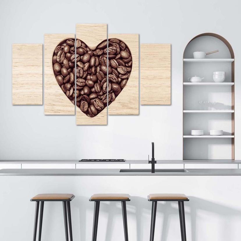 Stampa su tela 5 pezzi, cuore di caffè
