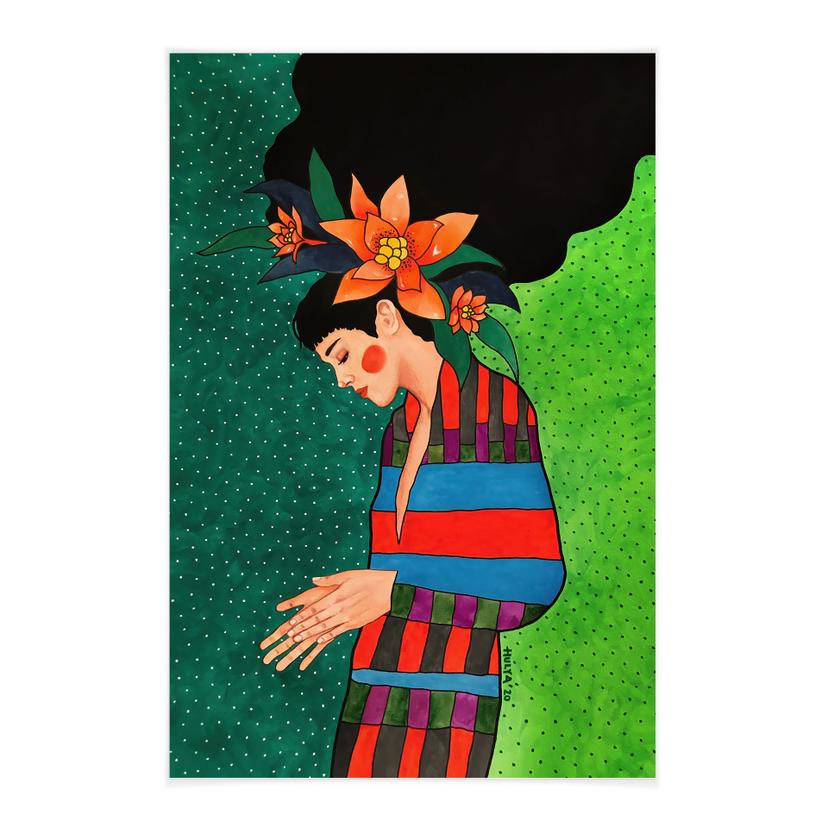 Textil poster kvinna i randig klänning med orangefärgade blommor - Hülya