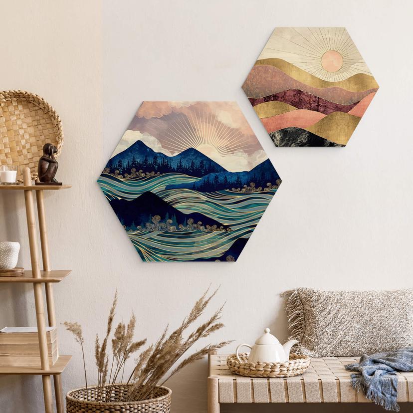 Hexagon Holzbild SpaceFrog Designs - Rosa Sonne
