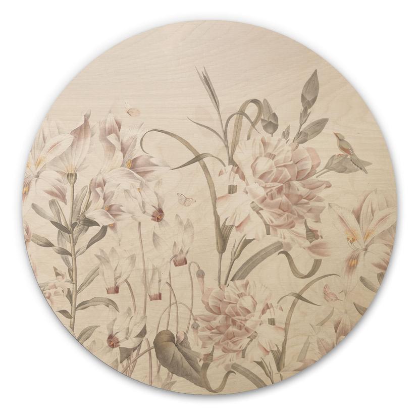 Tableau sur bois Prairie florale en rose clair - Bloomery Decor - Rond