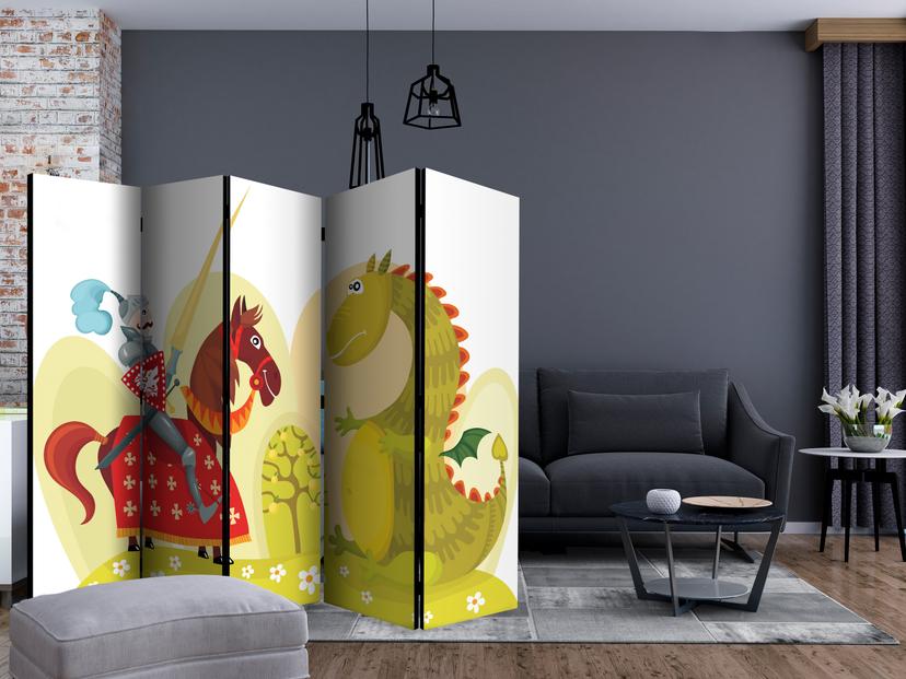 Schermo divisorio - Drago e cavaliere , 5 pezzi - 225x172 cm