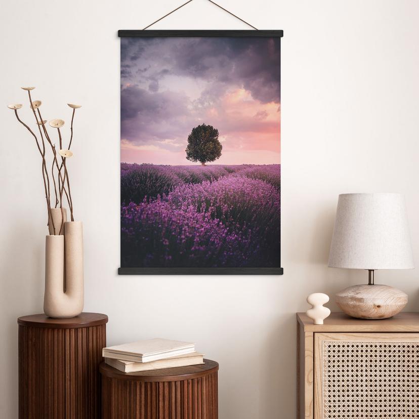Textielposter Paarse lavendelvelden bij zonsondergang - Cevik
