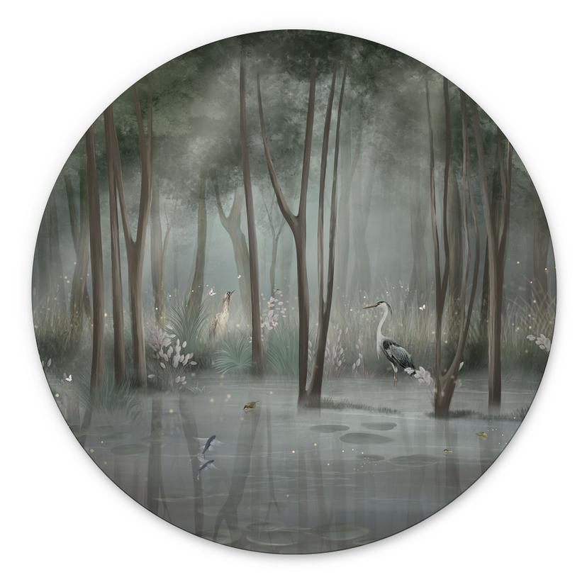 Wanddecoratie nevelwoud aan het meer met reiger in het groen - Ms Tiff - Alu-Dibond Rond