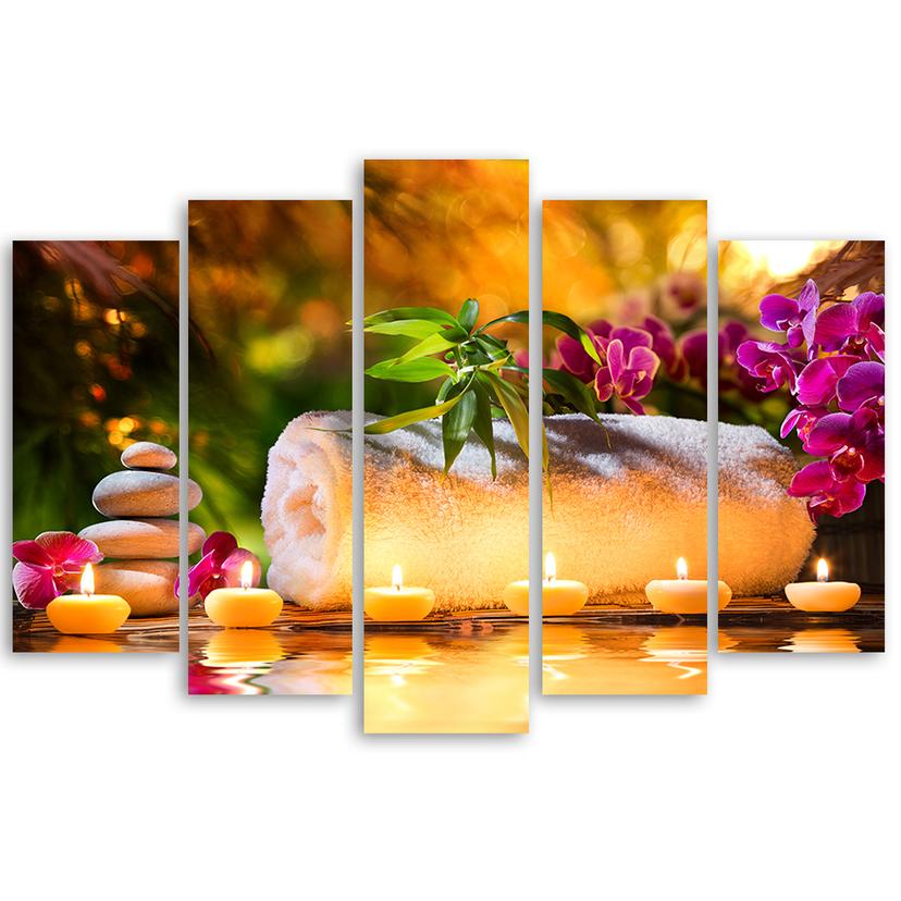 Stampa su tela 5 pezzi, candele di pietre di orchidea zen