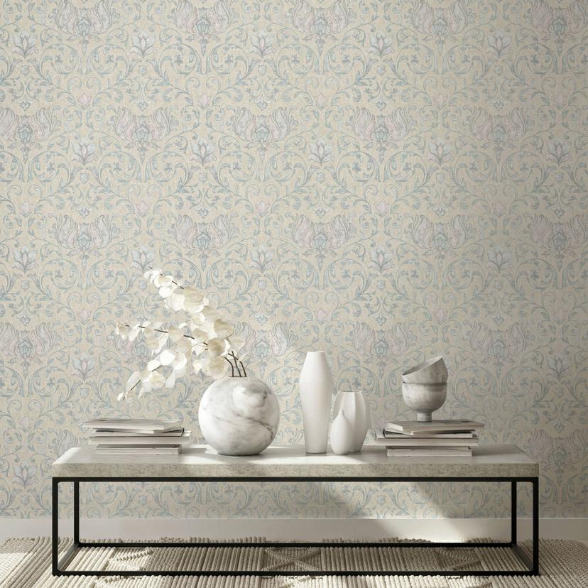 Ikke-vævet tapet med blomster, blade og blomstermotiver i blank beige