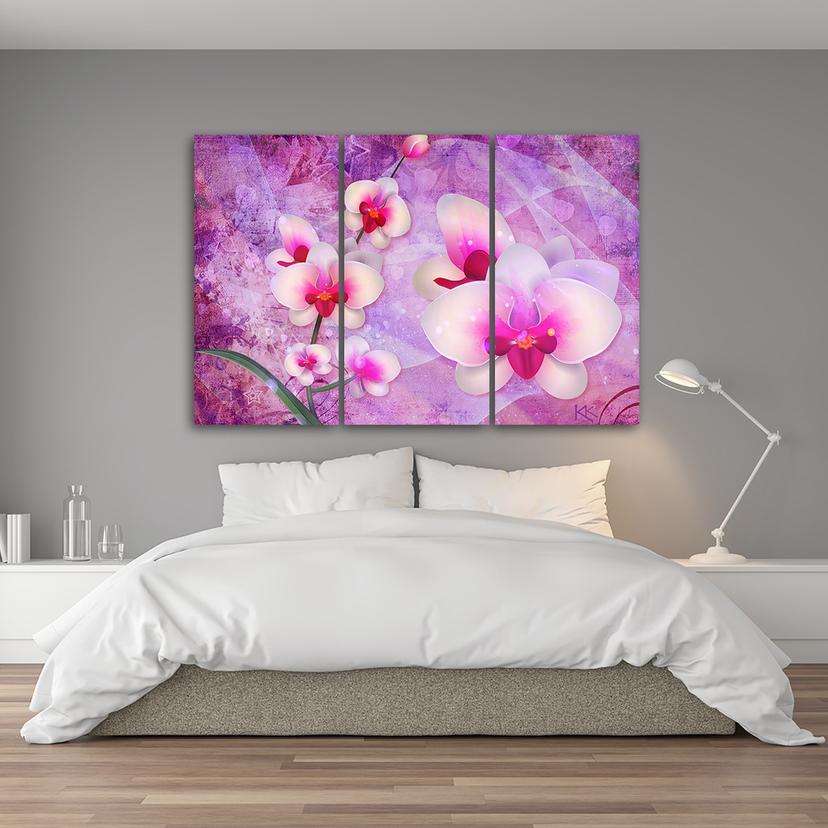 Stampa su tela 3 pezzi, astrazione di fiori di orchidea