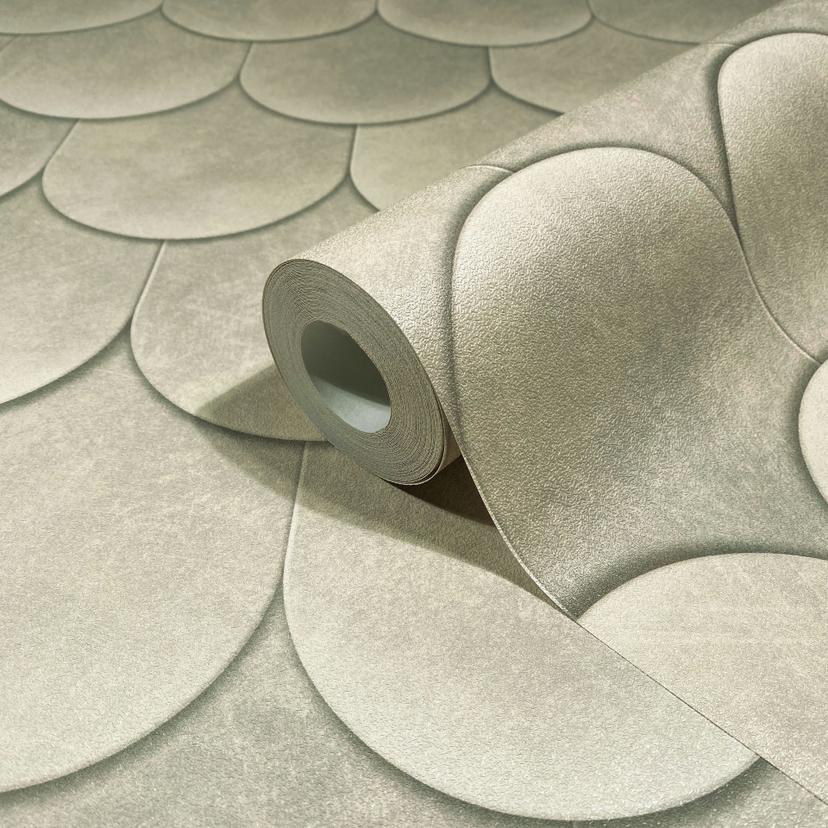 Carta da parati in tessuto non tessuto di colore beige-marrone con aspetto 3D, squame vintage con as