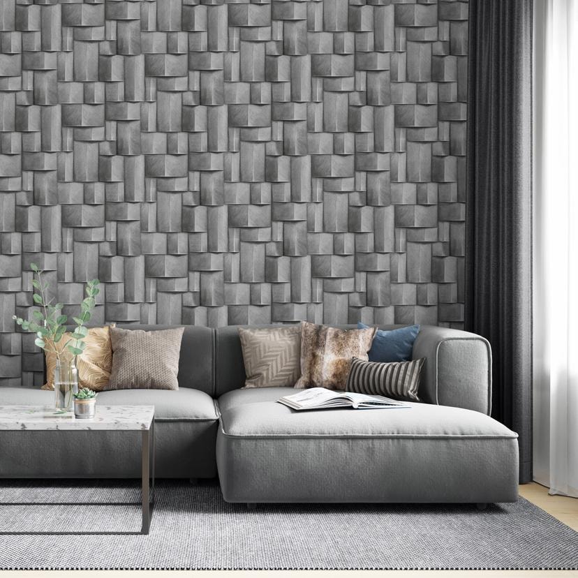 Non-woven tapet med træmotiv geometrisk grå 3D-look