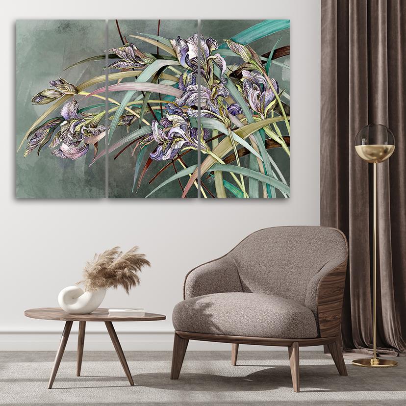 Stampa su tela in 3 pezzi, fiori di iris al vento
