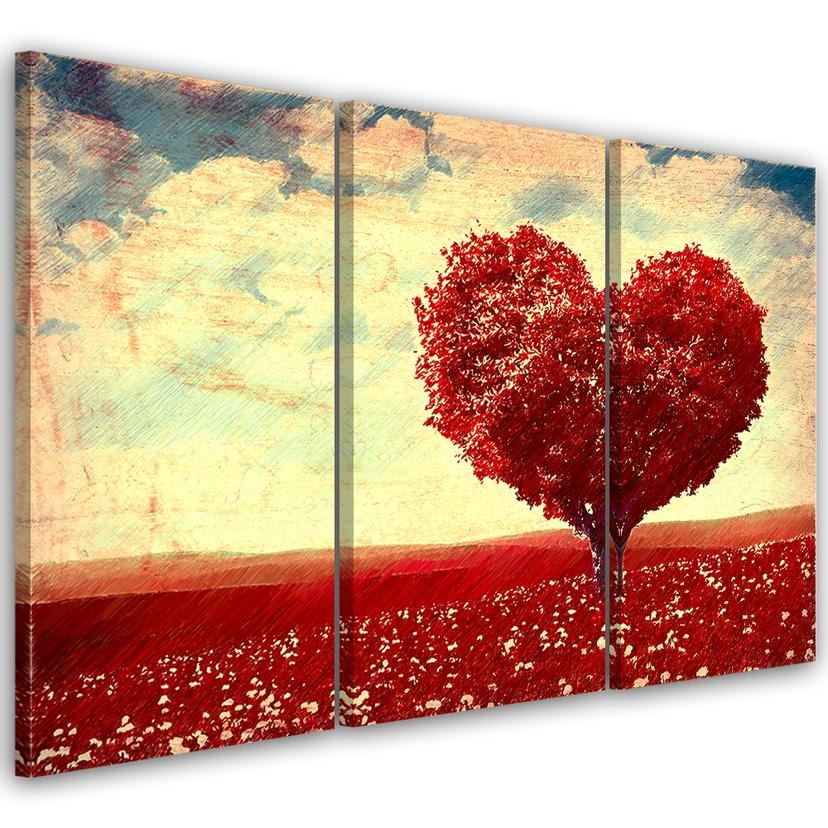 Impression sur toile en 3 parties, paysage d'arbre coeur rouge