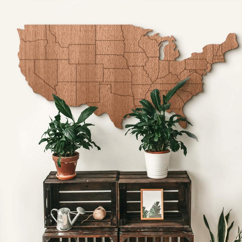Décoration en bois - Carte des USA avec frontières des Etats - Placage acajou