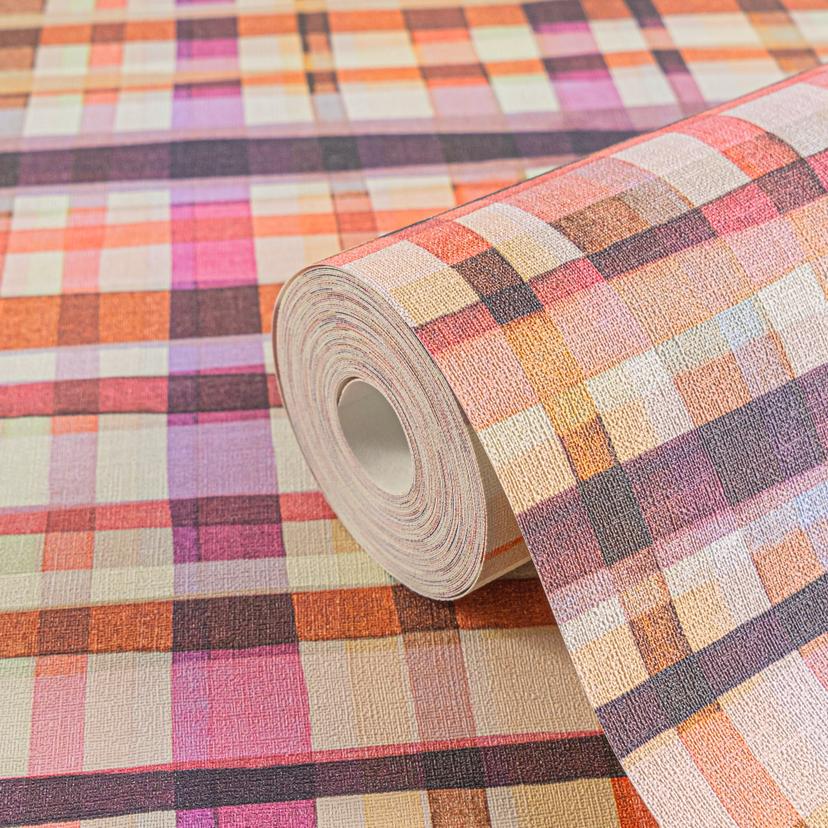Papel pintado a cuadros acuarela rosa naranja - Papel no tejido moderno a cuadros - colorido y creat
