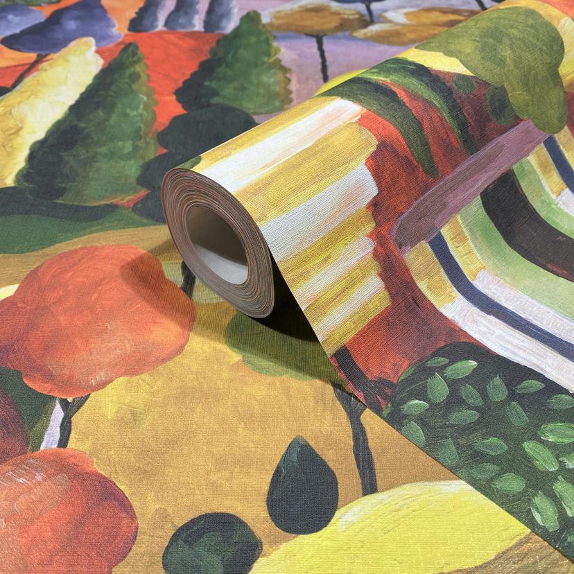 Non-woven tapet i färgglada pittoreska träd grafisk modern