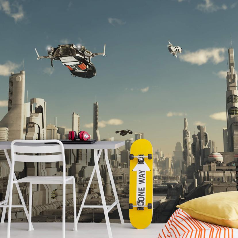 Papier peint photo Approche d'atterrissage 3D Ville de science-fiction