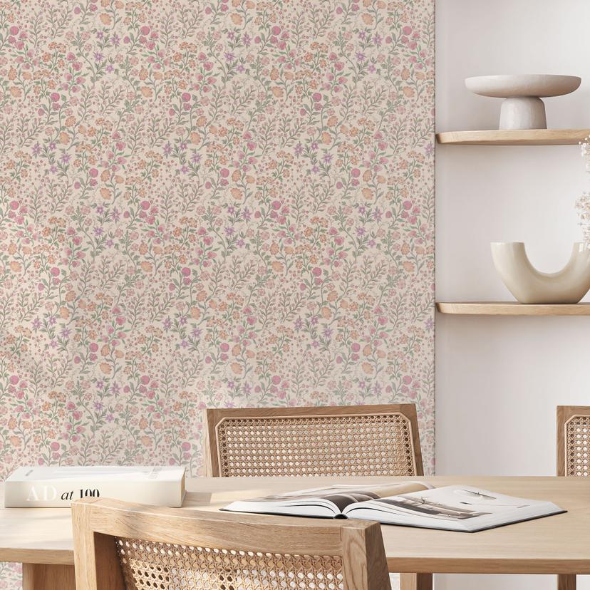 Carta da parati a motivi floreali con fiori di campo vintage - beige - Bloomery Decor