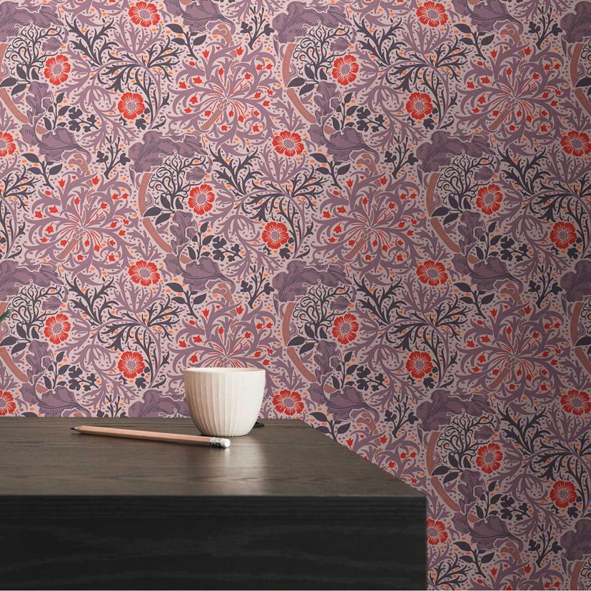 tapet med blomsterranker og blomster lilla rød - non-woven blomstertapet