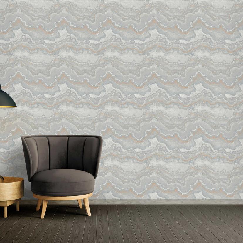 Marmoreffekt non-woven tapet i sølv og guld - Tapet til en luksuriøs boligatmosfære