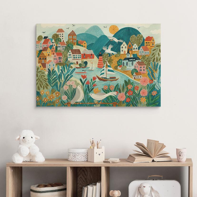 Träposter Färgglad kustby på sommaren - Bonne Müller