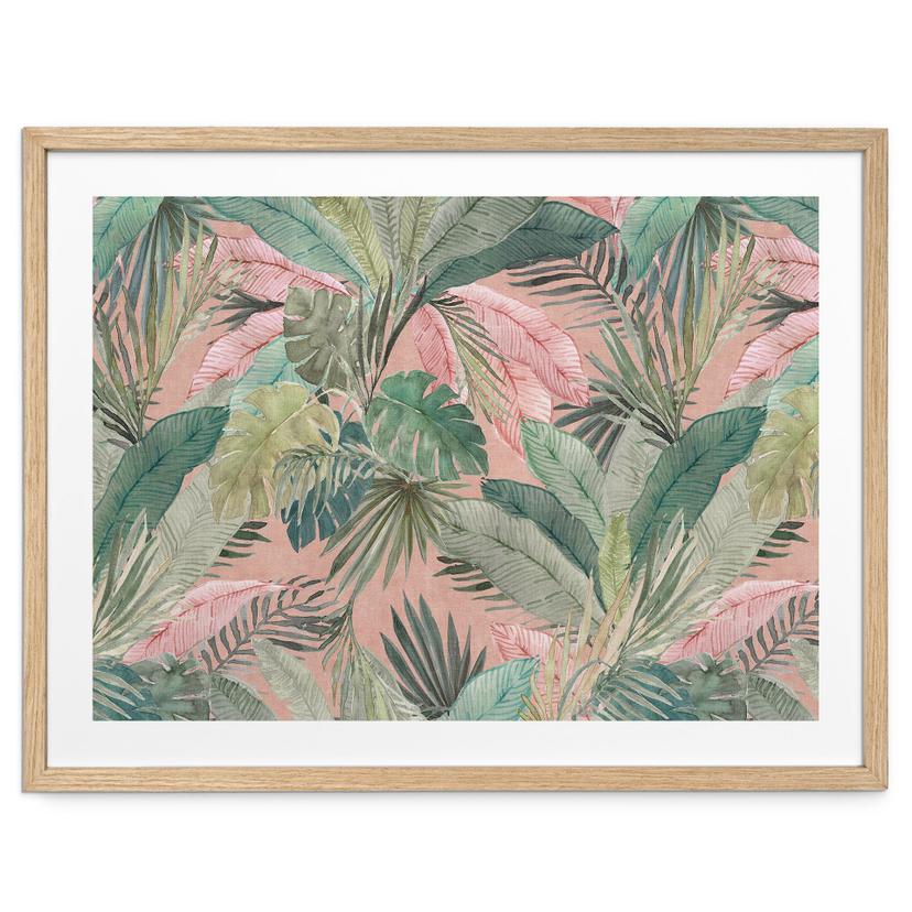 Plakat med tropiske blade i junglens lyserøde farve - Bloomery Decor