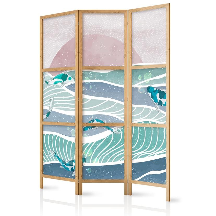 Japanischer Paravent, Raumteiler freistehend, Trennwand - Koi Fish Among Waves