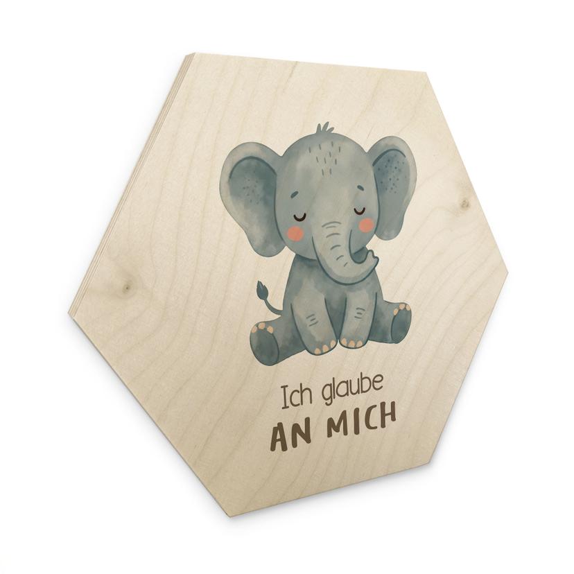 Holzbild Hexagon mit Elefant - Bestärkung 'Ich glaube an mich'