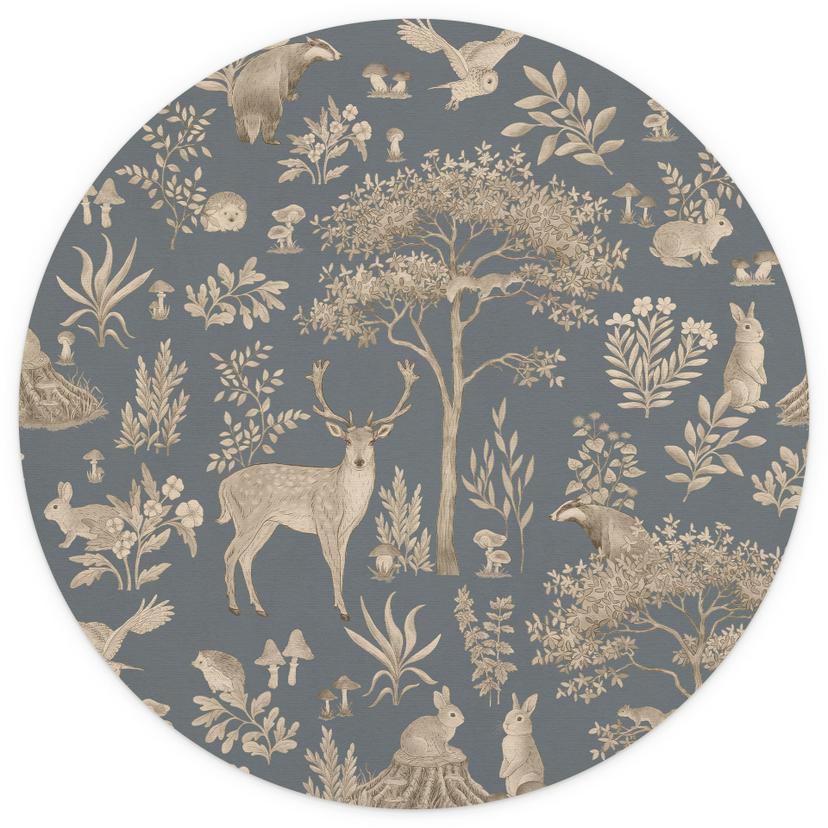 Förtrollande skog med djur Fototapet - Vintage blå - Kikki Belle - Round - non-woven tapet/självhäft