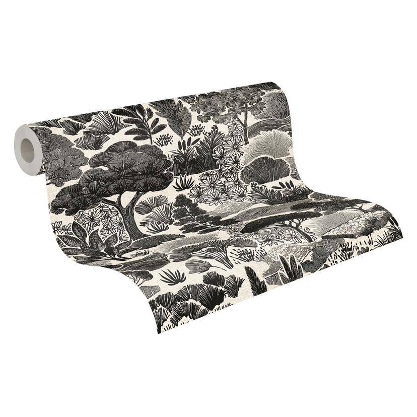 Papel pintado paisaje negro blanco gris - Papel pintado no tejido xilografía motivo naturaleza