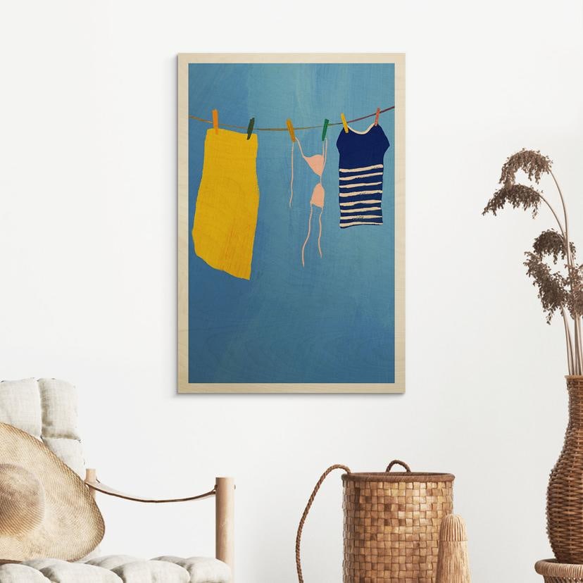Houten Wanddecoratie zomers wasgoed onder een blauwe hemel - Rivers