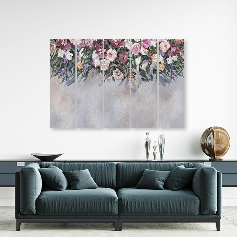 Stampa su tela 5 pezzi, fiori ricoperti di vegetazione