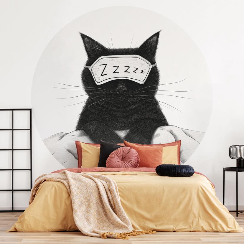 Fototapete Schwarze Katze mit Schlafmaske - Korenkova - Rund