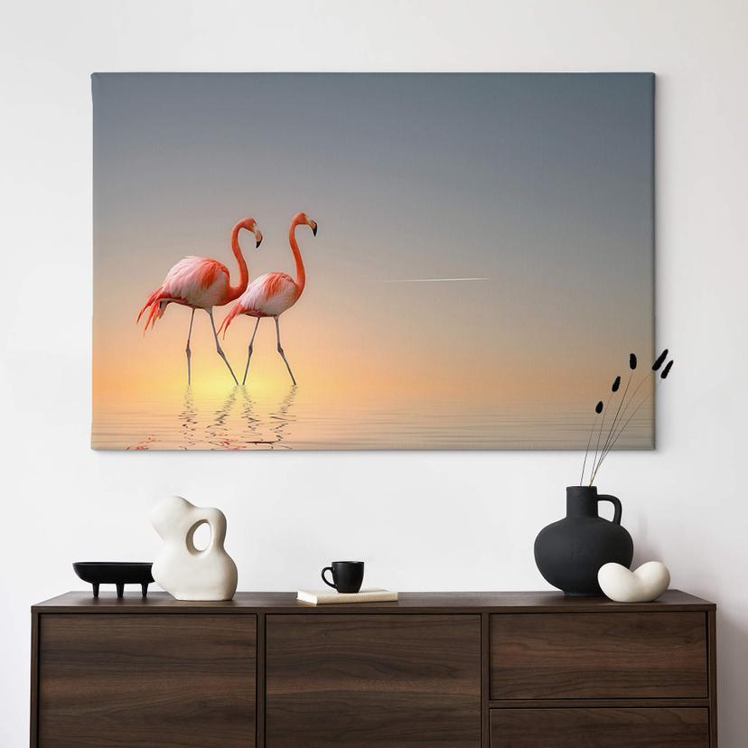 Canvastavla Cseresnjes - Flamingos i kvällsljus