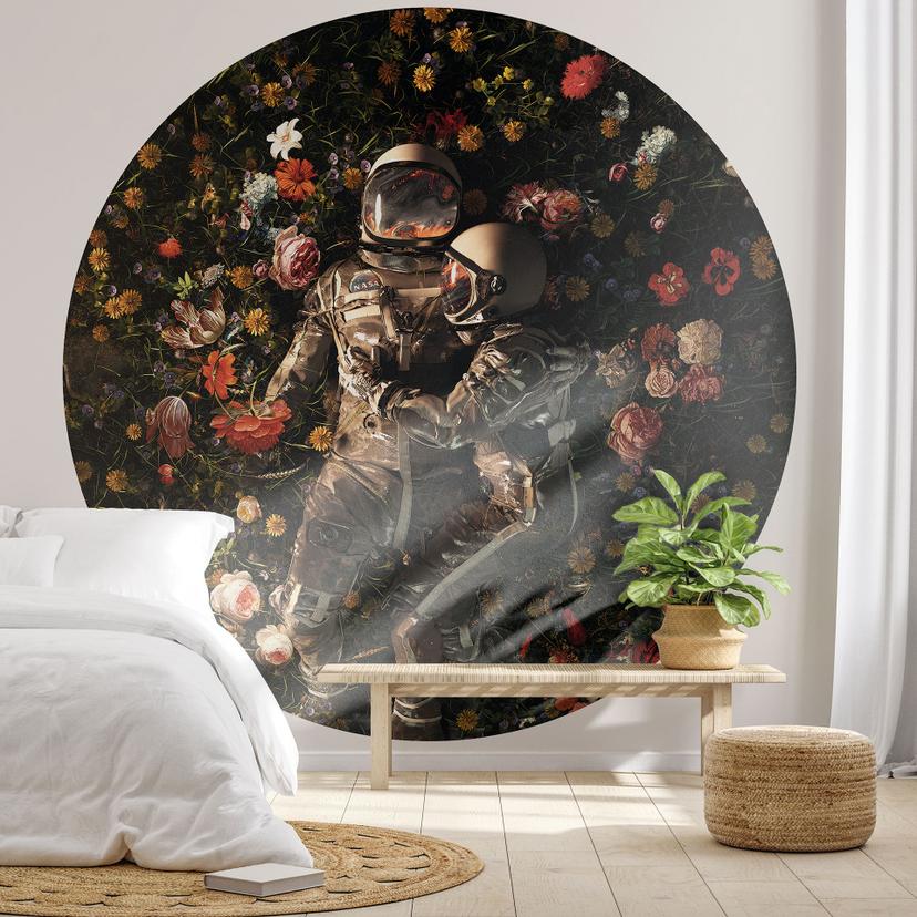 Fotomural de Astronautas en un prado de flores - Nicebleed - Redondo - Papel pintado autoadhesivo/no