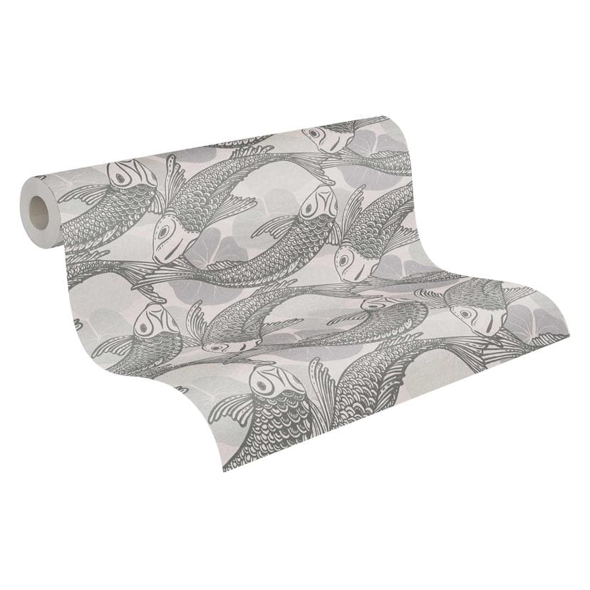 Papel pintado tejido-no tejido Livingwalls Metropolitan Stories Papel pintado asiático con koi Mio Tokyo beige, gris