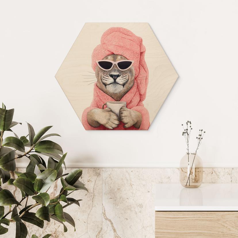 Hexagon Houten Wanddecoratie Wellness Leeuw met Koffie - Korenkova