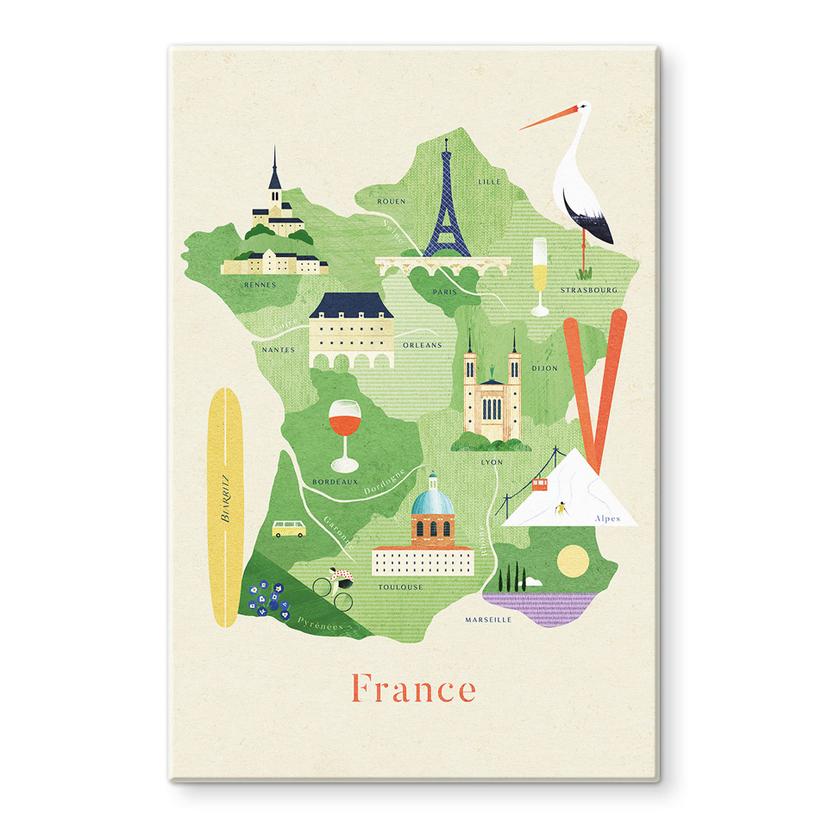 Glasbild Karte von Frankreich - Rivers