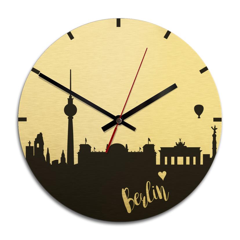 Wanduhr Alu-Dibond-Goldeffekt - Skyline Berlin - Ø 28 cm