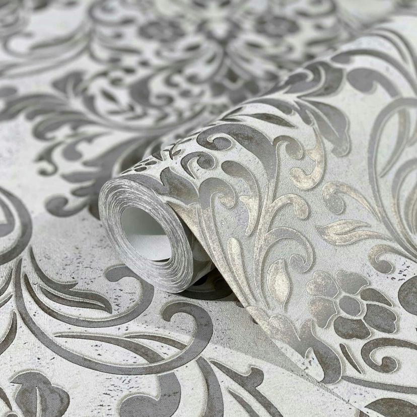 Non-woven tapet med dekorative damaskmotiver grå ornamental