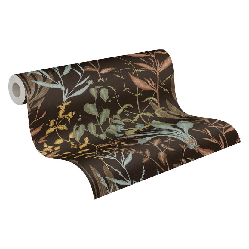 Papel pintado no tejido Elodie Maison Botanique negro verde marrón - azul hojas hierbas césped pasil